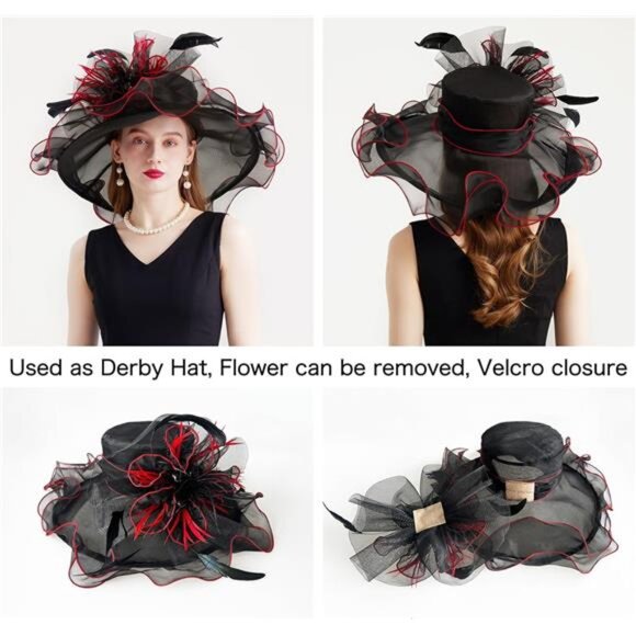 Women Organza Church Tea Party Hats Floral Black Red main image 4